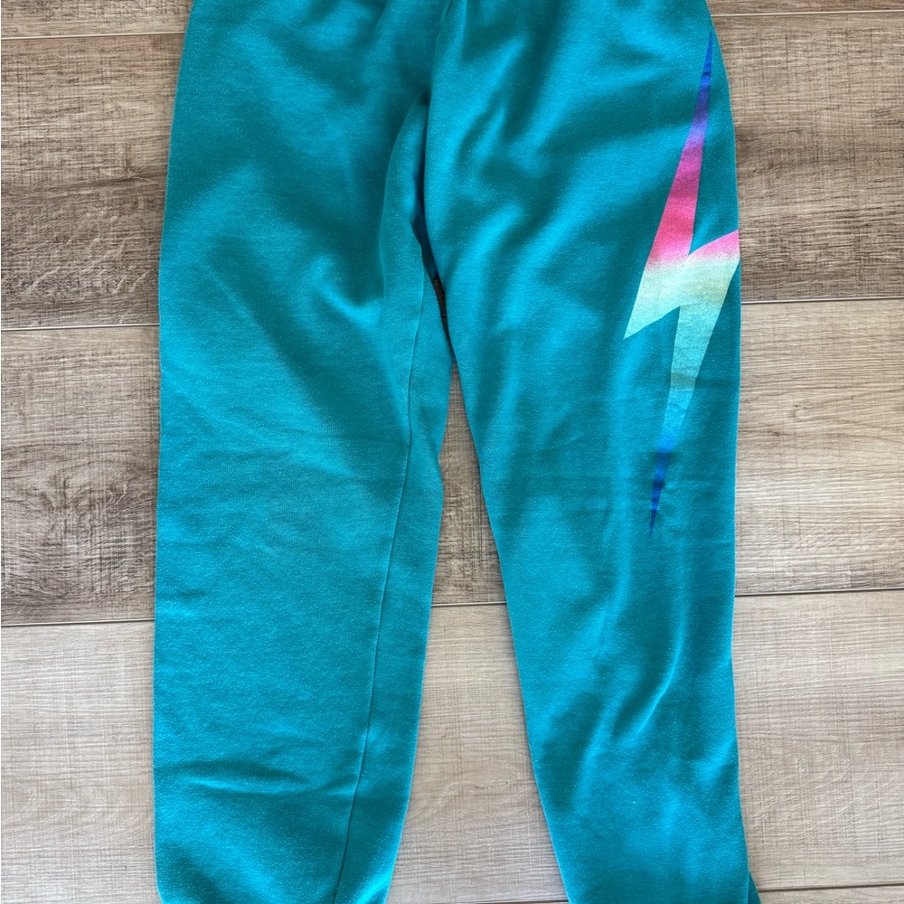 Aviator Nation Teal Sweatpants with Multicolor Lightning Bolt